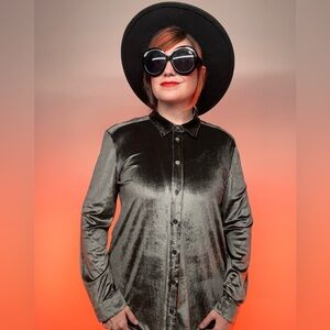 14TH & UNION / Gray Silver Velvet Button Down Top / Medium / Goth Fairy Boho